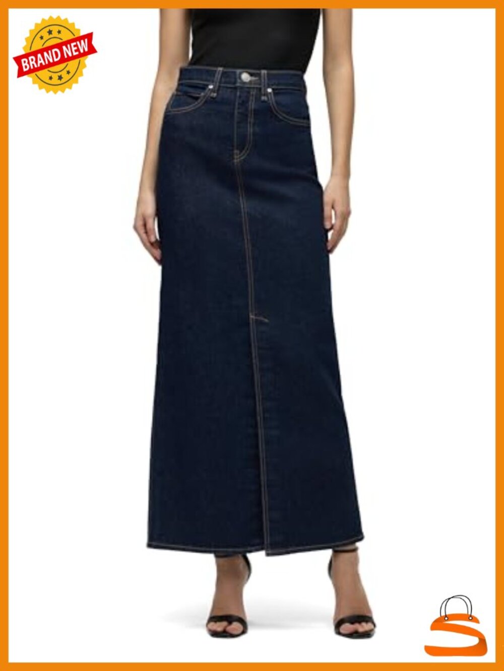 High-Rise Maxi Skirt with Vents, Medium Stretch Denim
